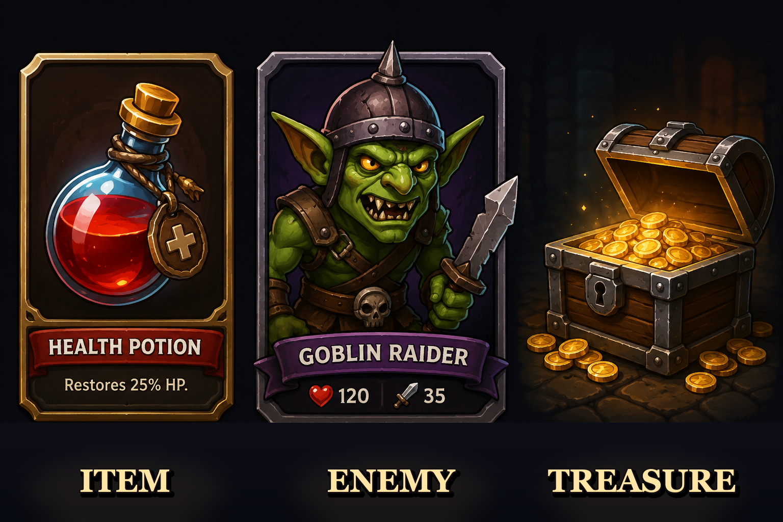 Fantasy item card, enemy card, and treasure chest in a mobile game style